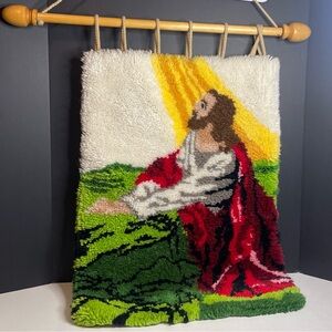 Latch Hook Rug Wall Hanging Decor 26x19 Jesus Praying, Religious Vintage 1987